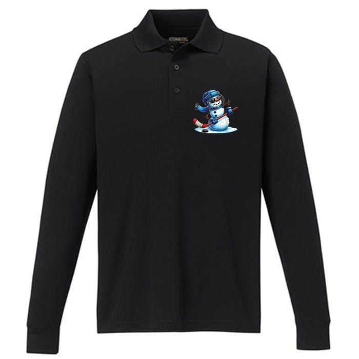 Christmas Funny Cute Snowman Playing Ice Hockey Lovers Gift Performance Long Sleeve Polo