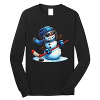 Christmas Funny Cute Snowman Playing Ice Hockey Lovers Gift Long Sleeve Shirt