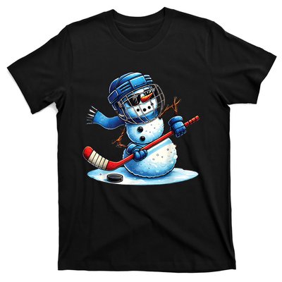 Christmas Funny Cute Snowman Playing Ice Hockey Lovers Gift T-Shirt