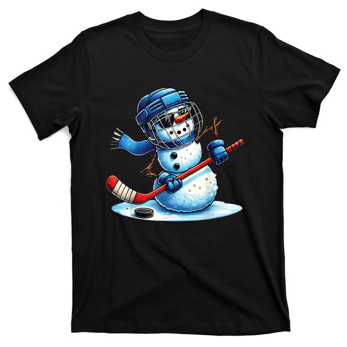 Christmas Funny Cute Snowman Playing Ice Hockey Lovers Gift T-Shirt