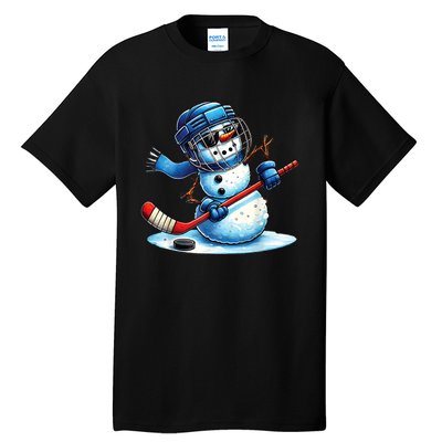 Christmas Funny Cute Snowman Playing Ice Hockey Lovers Gift Tall T-Shirt