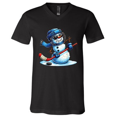 Christmas Funny Cute Snowman Playing Ice Hockey Lovers Gift V-Neck T-Shirt