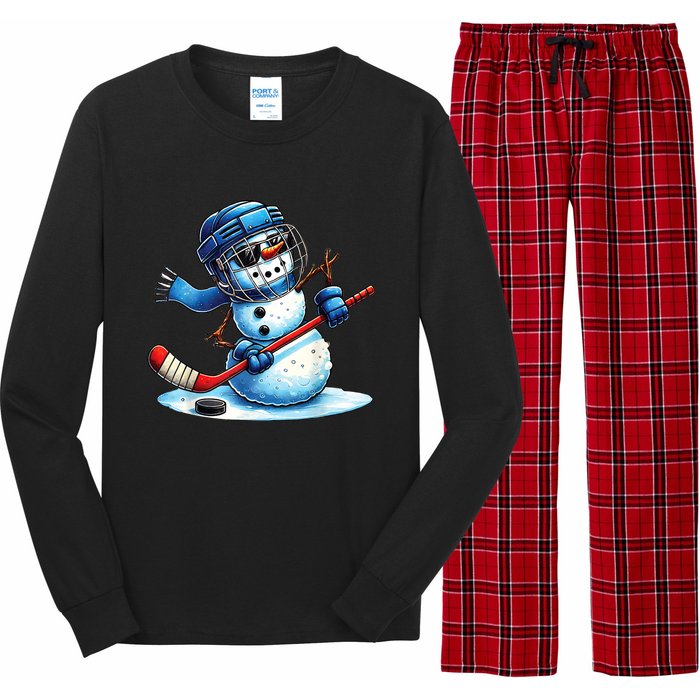 Christmas Funny Cute Snowman Playing Ice Hockey Lovers Gift Long Sleeve Pajama Set