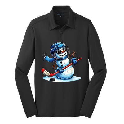 Christmas Funny Cute Snowman Playing Ice Hockey Lovers Gift Silk Touch Performance Long Sleeve Polo