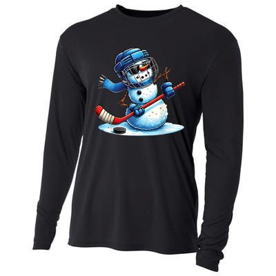 Christmas Funny Cute Snowman Playing Ice Hockey Lovers Gift Cooling Performance Long Sleeve Crew