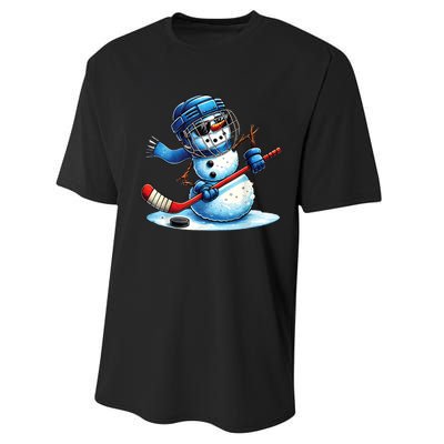 Christmas Funny Cute Snowman Playing Ice Hockey Lovers Gift Performance Sprint T-Shirt