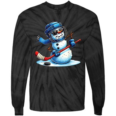 Christmas Funny Cute Snowman Playing Ice Hockey Lovers Gift Tie-Dye Long Sleeve Shirt