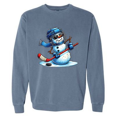 Christmas Funny Cute Snowman Playing Ice Hockey Lovers Gift Garment-Dyed Sweatshirt