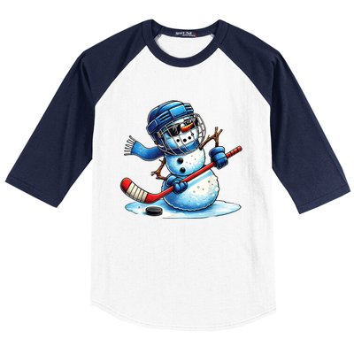 Christmas Funny Cute Snowman Playing Ice Hockey Lovers Gift Baseball Sleeve Shirt