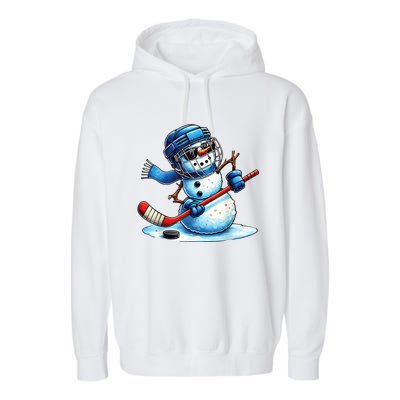 Christmas Funny Cute Snowman Playing Ice Hockey Lovers Gift Garment-Dyed Fleece Hoodie