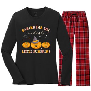 Caring For Cutest Little Pumpkins Pediatric Nurse Halloween Women's Long Sleeve Flannel Pajama Set 