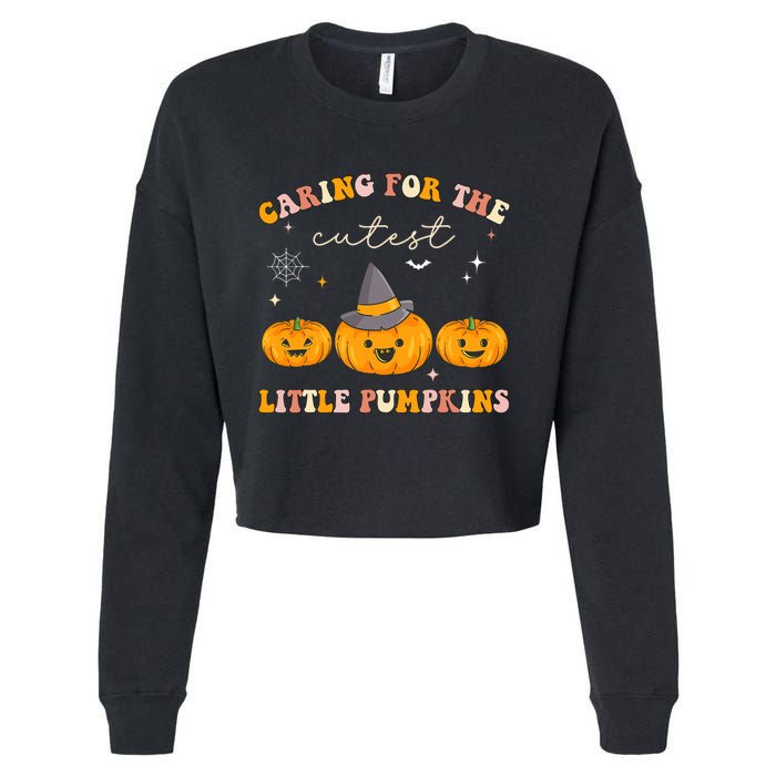 Caring For Cutest Little Pumpkins Pediatric Nurse Halloween Cropped Pullover Crew