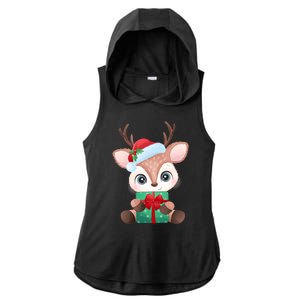 Cute Festive Christmas Reindeer Present Ladies PosiCharge Tri-Blend Wicking Draft Hoodie Tank