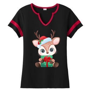 Cute Festive Christmas Reindeer Present Ladies Halftime Notch Neck Tee