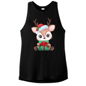 Cute Festive Christmas Reindeer Present Ladies PosiCharge Tri-Blend Wicking Tank