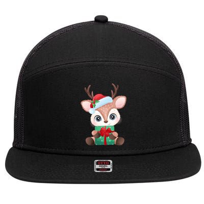 Cute Festive Christmas Reindeer Present 7 Panel Mesh Trucker Snapback Hat