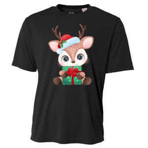 Cute Festive Christmas Reindeer Present Cooling Performance Crew T-Shirt