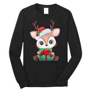 Cute Festive Christmas Reindeer Present Long Sleeve Shirt