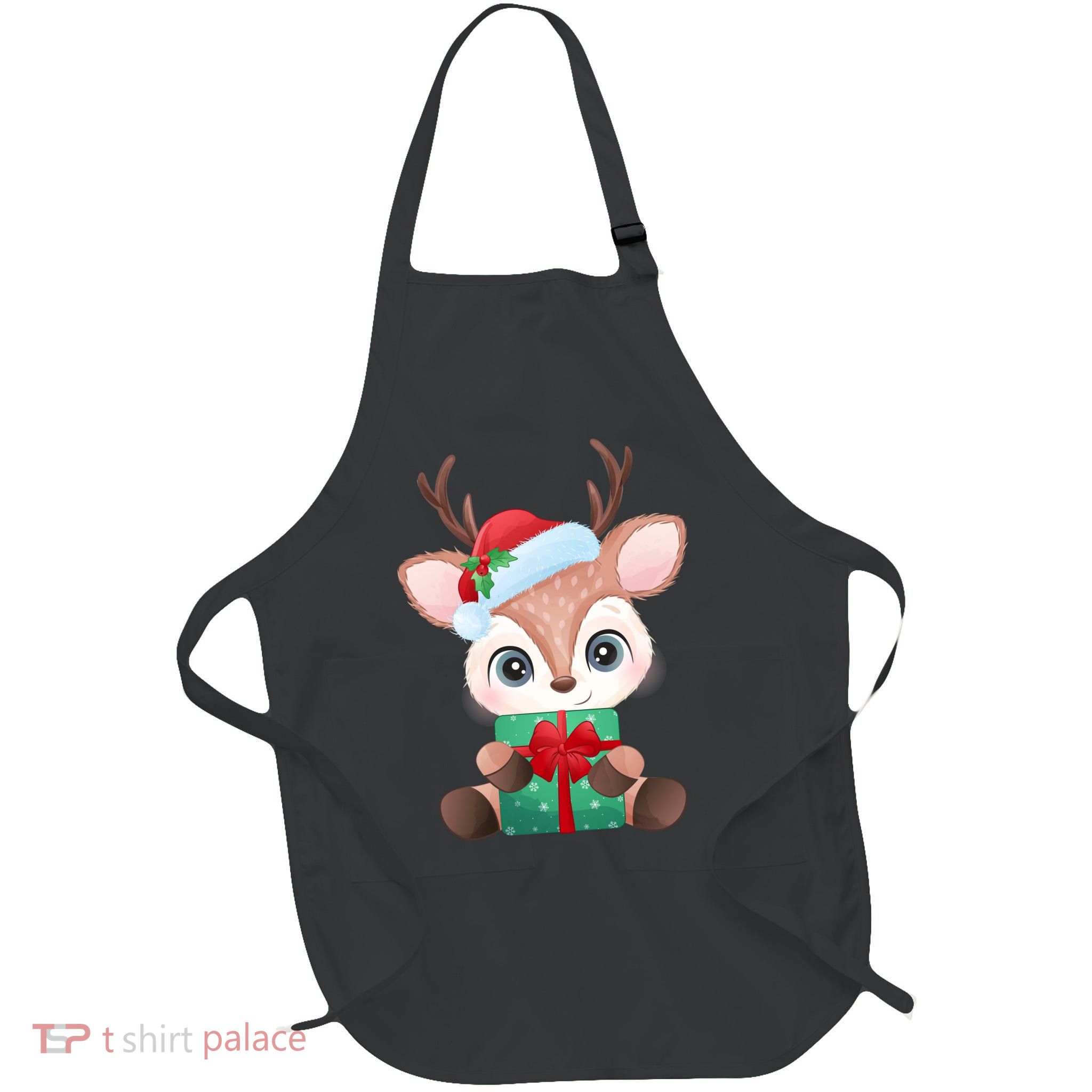 Cute Festive Christmas Reindeer Present Full-Length Apron With Pockets