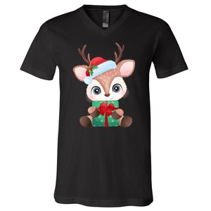 Cute Festive Christmas Reindeer Present V-Neck T-Shirt