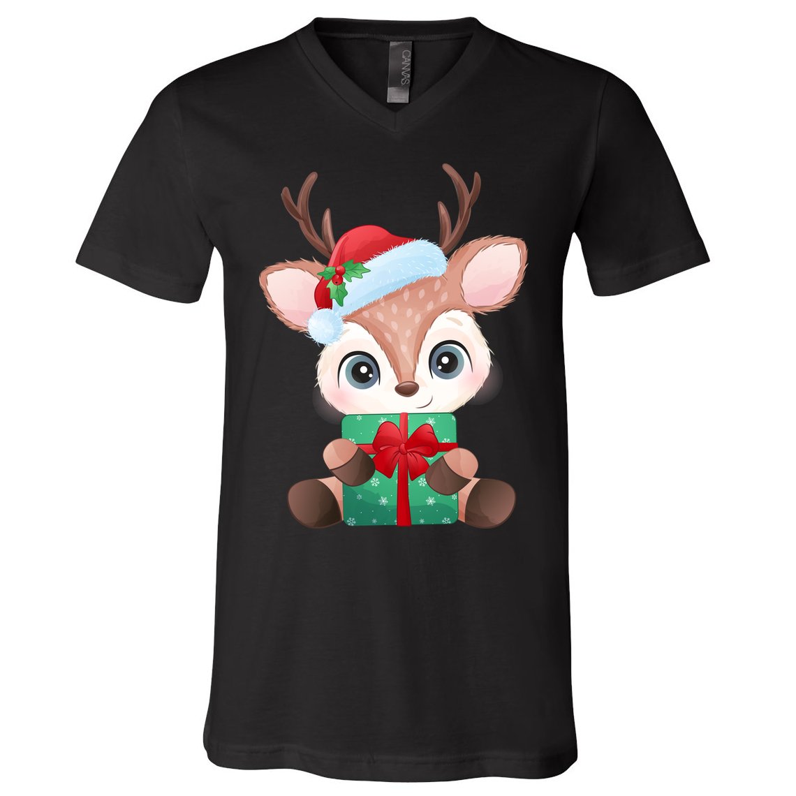 Cute Festive Christmas Reindeer Present V-Neck T-Shirt