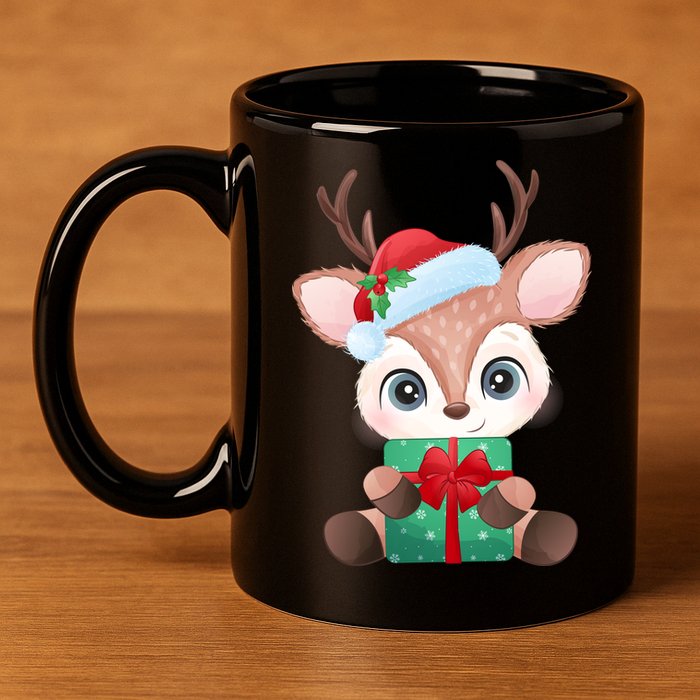 Cute Festive Christmas Reindeer Present 11oz C Handle Ceramic Mug
