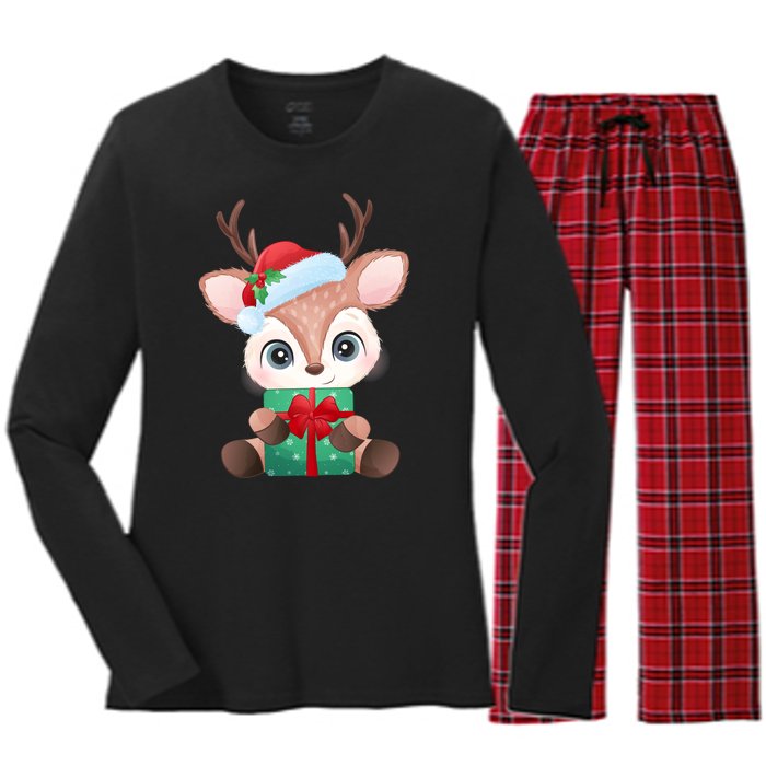 Cute Festive Christmas Reindeer Present Women's Long Sleeve Flannel Pajama Set 