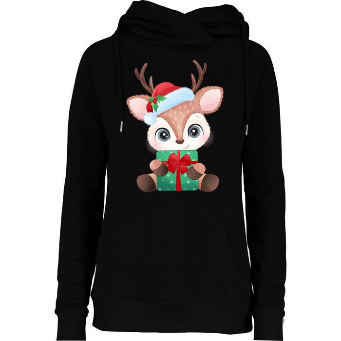 Cute Festive Christmas Reindeer Present Womens Funnel Neck Pullover Hood