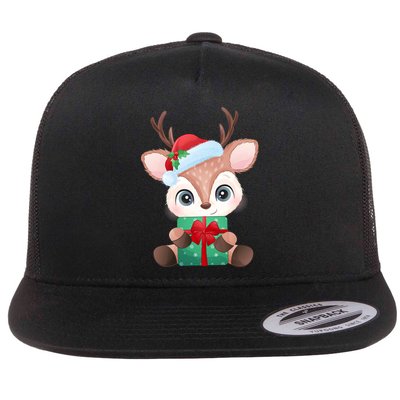 Cute Festive Christmas Reindeer Present Flatbill Hat