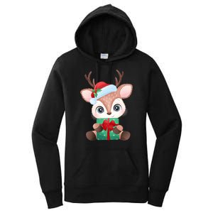 Cute Festive Christmas Reindeer Present Women's Pullover Hoodie