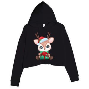 Cute Festive Christmas Reindeer Present Crop Fleece Hoodie