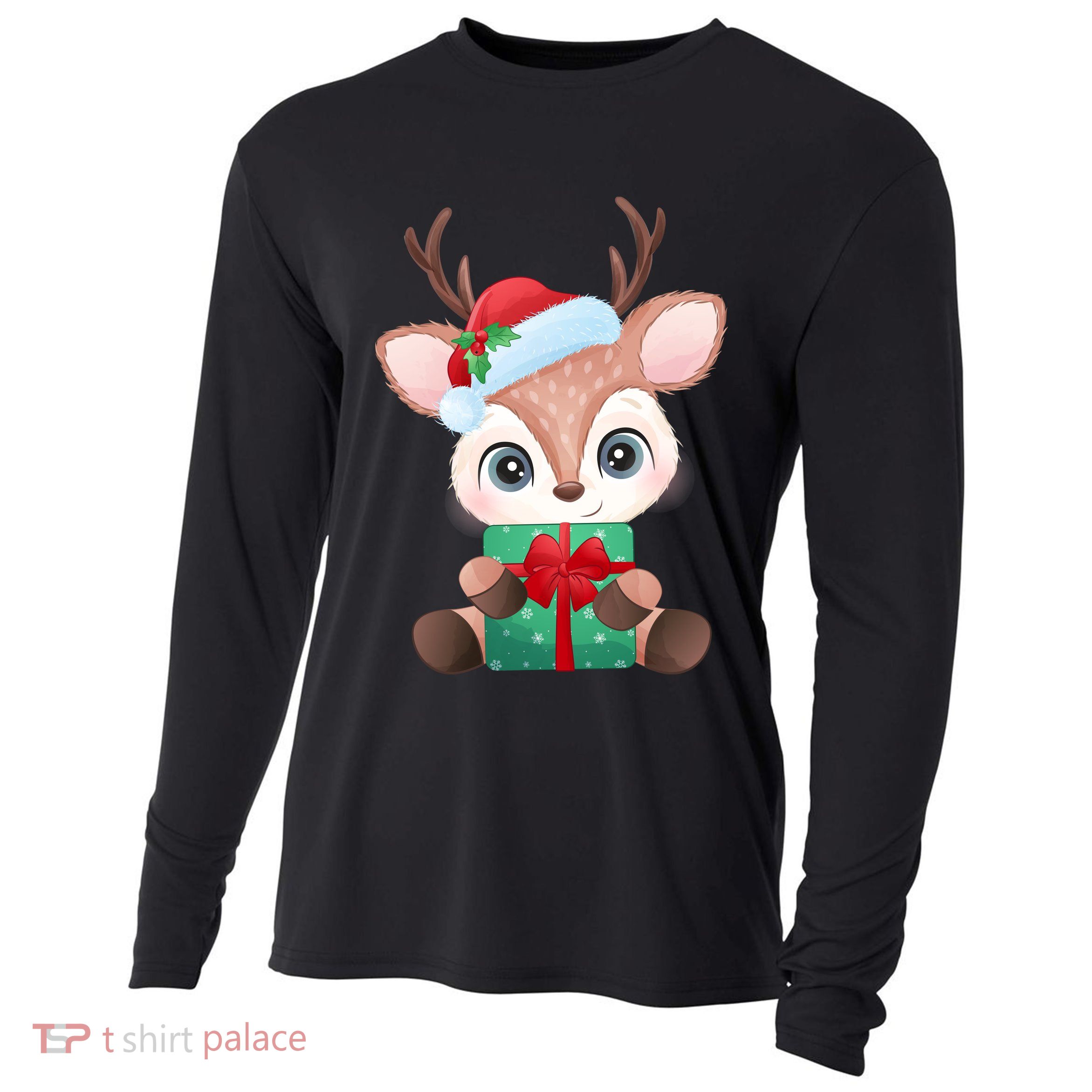 Cute Festive Christmas Reindeer Present Cooling Performance Long Sleeve Crew