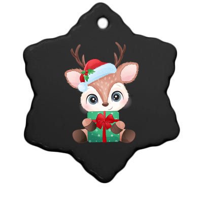 Cute Festive Christmas Reindeer Present Ceramic Star Ornament