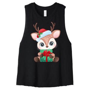 Cute Festive Christmas Reindeer Present Women's Racerback Cropped Tank