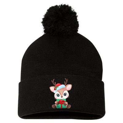 Cute Festive Christmas Reindeer Present Pom Pom 12in Knit Beanie