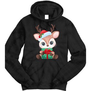 Cute Festive Christmas Reindeer Present Tie Dye Hoodie