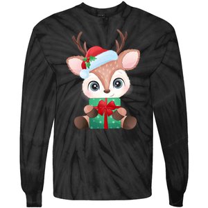 Cute Festive Christmas Reindeer Present Tie-Dye Long Sleeve Shirt