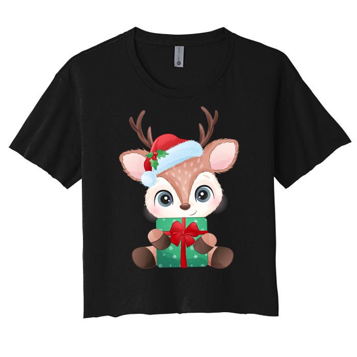 Cute Festive Christmas Reindeer Present Women's Crop Top Tee