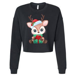 Cute Festive Christmas Reindeer Present Cropped Pullover Crew