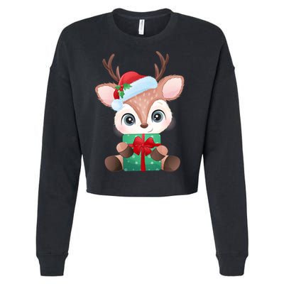 Cute Festive Christmas Reindeer Present Cropped Pullover Crew