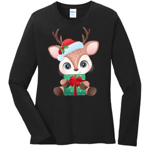 Cute Festive Christmas Reindeer Present Ladies Long Sleeve Shirt