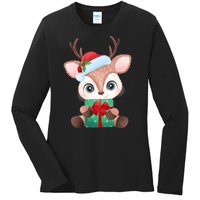 Cute Festive Christmas Reindeer Present Ladies Long Sleeve Shirt