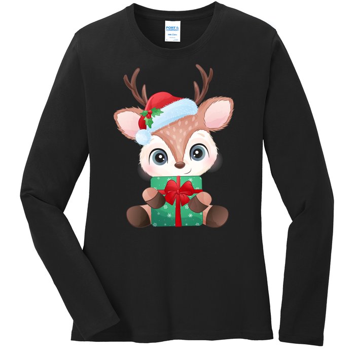 Cute Festive Christmas Reindeer Present Ladies Long Sleeve Shirt