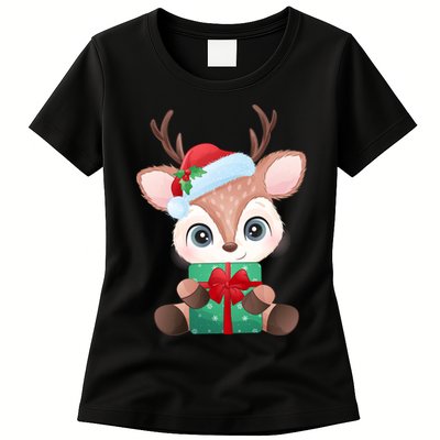 Cute Festive Christmas Reindeer Present Womens T-Shirt