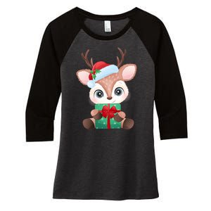 Cute Festive Christmas Reindeer Present Women's Tri-Blend 3/4-Sleeve Raglan Shirt