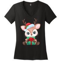 Cute Festive Christmas Reindeer Present Women's V-Neck T-Shirt