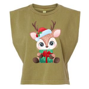 Cute Festive Christmas Reindeer Present Garment-Dyed Women's Muscle Tee