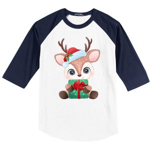 Cute Festive Christmas Reindeer Present Baseball Sleeve Shirt