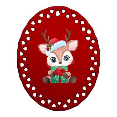 Cute Festive Christmas Reindeer Present Ceramic Oval Ornament