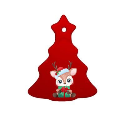 Cute Festive Christmas Reindeer Present Ceramic Tree Ornament